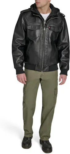 Miniatura 8 de Levi's Men's Faux Leather Aviator Bomber Jacket With Jersey Bib and Hood