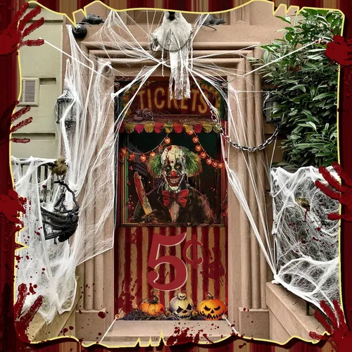 Miniatura 5 de Preboun Decoraciones de carnaval de Halloween, cubierta de puerta de Halloween, accesorio para taquilla de boletos de circo, cartel espeluznante