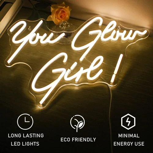Miniatura 5 de Letrero de neón con texto en inglés "You Glow Girl" con luz LED blanca cálida para decoración de pared, letras USB, luces de neón para dormitorio