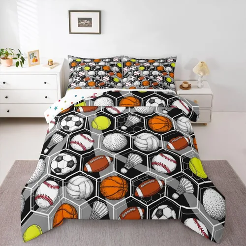 Juego de ropa de cama de juegos de pelota, juego de edredón de baloncesto y fútbol, hexagonal, geométrico, deportivo, de plumón, béisbol, tenis,