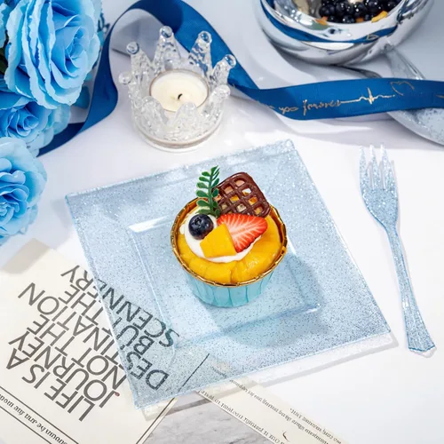 Miniatura 9 de DaYammi 100 platos de postre con purpurina azul, que incluyen 50 platos de aperitivo de 6 pulgadas y 50 tenedores de plástico de 5.7 pulgadas, plato