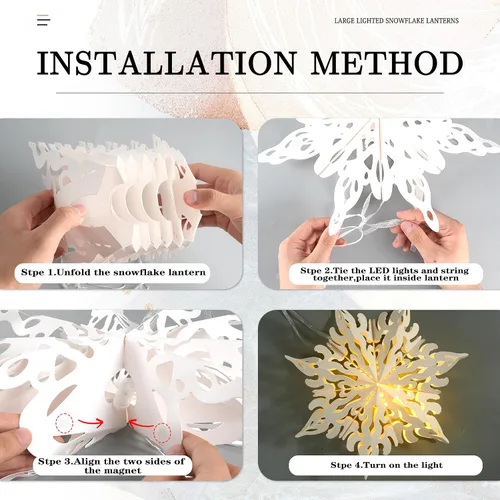 Miniatura 7 de 10 piezas de linternas de copo de nieve de papel de Navidad, grandes linternas de papel de estrella de Navidad con luces LED, adornos blancos
