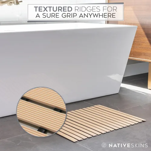 Miniatura 5 de NativeSkins Tapete de ducha de bambú sintético (beige), forro de seguridad antideslizante, impermeable, de secado rápido, tapete de baño de listones