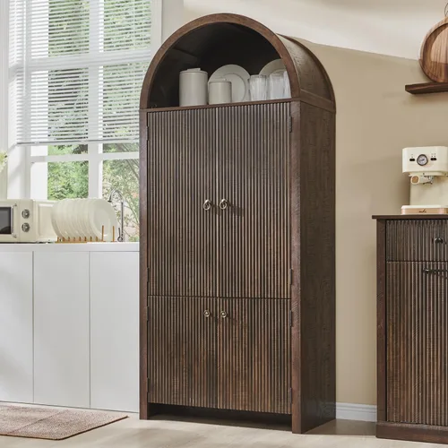 IFGET Despensa de cocina arqueada de 71 pulgadas de alto, moderno armario de almacenamiento de madera estriada con puertas, 3 estantes ajustables, 6