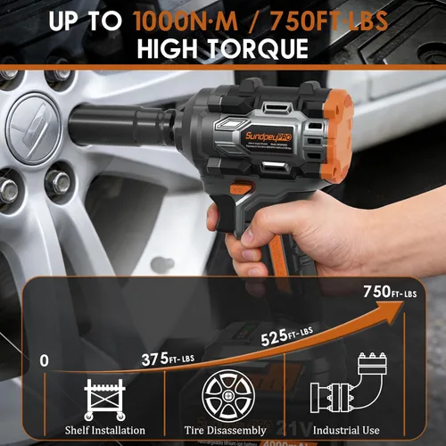 Miniatura 3 de 21V Cordless Impact Wrench - 750Ft-lbs(1000N·m) High Torque Brushless Power 1/2 Inch Impact Gun with 2 x 4.0Ah Batteries & 6 Sockets & Fast Charger