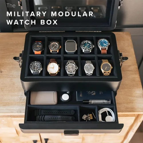 Miniatura 6 de CASE ELEGANCE Black Edition - Caja de reloj militar con 10 ranuras para hombres, parte superior de cristal real, bandeja modular de valet
