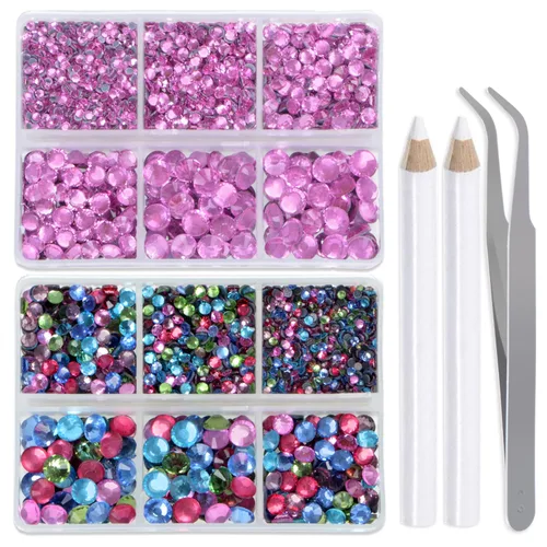 Miniatura 23 de LPBeads 6400 unidades de diamantes termoadhesivos de 12 colores con parte trasera plana, 5 tamaños mixtos, gemas de cristal redondas con pinzas