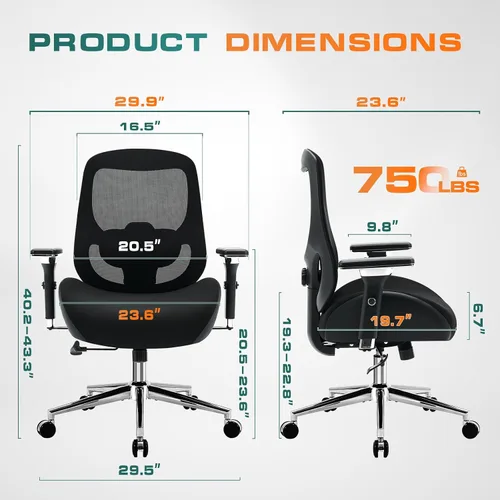 Miniatura 3 de Silla de oficina grande y alta de 750 libras con cojín de asiento ancho y grueso para personas pesadas, sillas de escritorio ergonómicas de malla