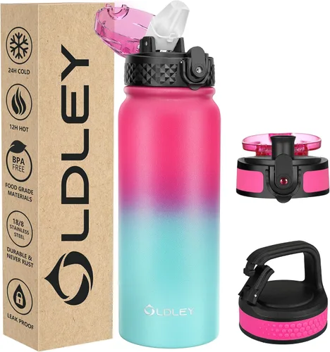 Miniatura 22 de Botella de agua aislada Oldley de 12 oz con pajita, botella de agua de acero inoxidable con 2 tapas, botellas de doble pared con vacío para adultos