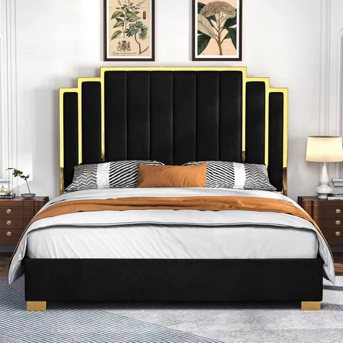Miniatura 9 de Albott Marco de cama de plataforma tamaño Queen, cama tapizada de terciopelo de 61.4 pulgadas con cabecero de ribete dorado, listones de madera,