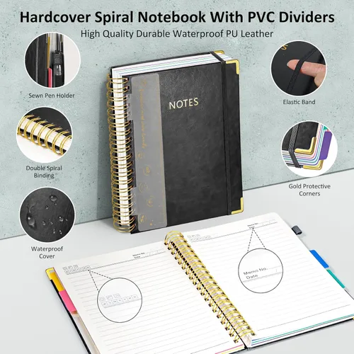 Miniatura 3 de Cuaderno de espiral con tapa dura, cuadernos B5 grandes de 8"x10", con divisores extraíbles y pestañas, 300 páginas, cuaderno de 5 asignaturas