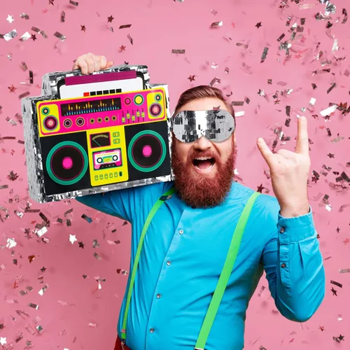 Miniatura 7 de Boombox Piñata con palo con los ojos vendados de los años 80, hip hop, juego de piñata mexicana para fiesta de regreso a los 80, regalos de radio