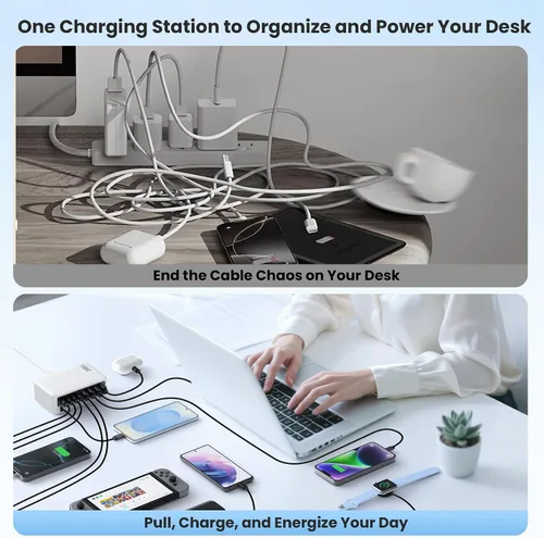 Miniatura 2 de 345W Bloque de Cargador USB C con 2 Cables Retráctiles Integrados, Estación de Carga GaN IV 10-en-1 USB C, Adaptador de Alimentación de Cargador