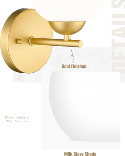 Miniatura 3 de Emak WS114-GD-ML-2PK - Moderno paquete de 2 apliques de pared de globo, luz dorada con pantalla de vidrio de leche para baño, sala de estar, fotos