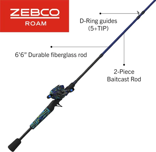 Miniatura 2 de Zebco Roam Baitcast - Combo de carrete y caña de pescar, caña de fibra de vidrio de 6 pies y 6 pulgadas, 2 piezas con mango de caña MaxTac de agarre
