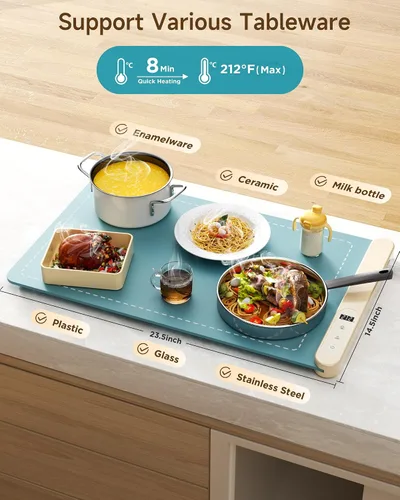 Miniatura 4 de Tapete de calentamiento para alimentos, calentador de alimentos esenciales para el hogar, 6 ajustes de temperatura y temporizador, calentamiento
