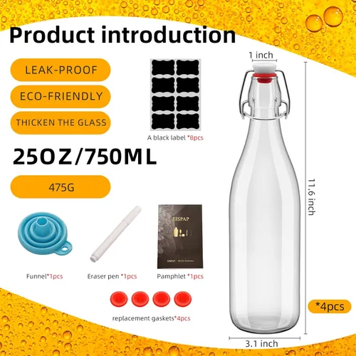 Miniatura 2 de 4 botellas de vidrio con tapa abatible de 25 onzas, 25 onzas, botella de vidrio abatible con tapa hermética para fermentación, kombucha, aguamiel