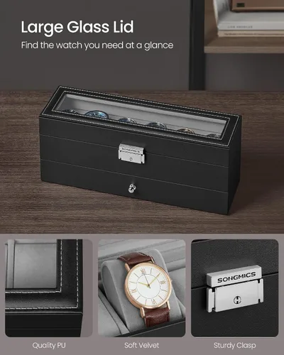 Miniatura 60 de SONGMICS UJWB012 - Caja de reloj de 12 ranuras, caja de reloj con cerradura con tapa de vidrio, 2 capas, con 1 cajón para anillos, pulseras, idea