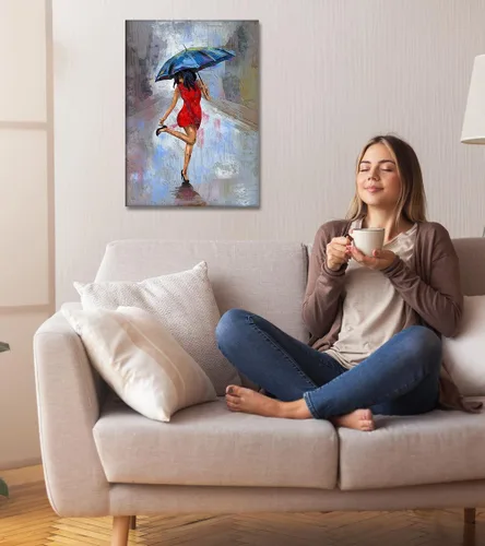 Miniatura 3 de Lienzo abstracto moderno para pared, póster de niña en vestido rojo caminando con paraguas azul, obra de arte para la decoración de pared