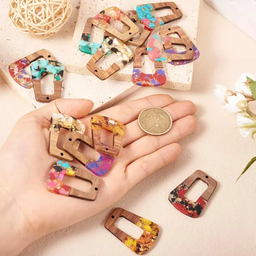 Miniatura 4 de Beadthoven - Dijes de madera de resina para bricolaje, colgantes de aretes de lágrima multicolor, triángulo, círculo redondo, rombo, barra
