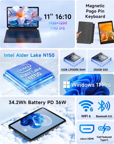 Miniatura 2 de Computadoras portátiles 2 en 1 de 11 pulgadas, PC con pantalla táctil Win 11 compatible con Twin Lake N150, 12GB RAM 256GB SSD, 1920x1200 IPS FHD