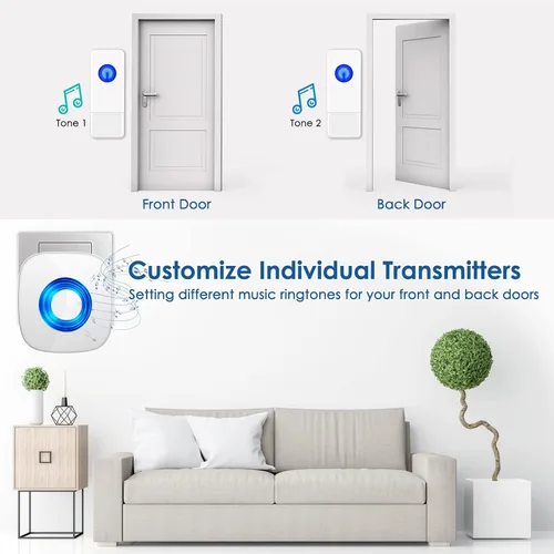 Miniatura 5 de Timbre inalámbrico con 2 receptores, 2 botones, kit de timbre de puerta impermeable para puerta delantera, rango de 1300 pies, 58 campanillas, 5
