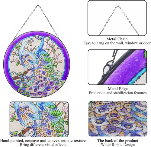Miniatura 4 de Colgantes de ventana de cristal de pavo real de 11.8 pulgadas, decoración artística de pared de pavo real, panel atrapasoles con cadena (morado)