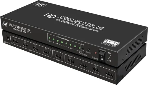 Divisor HDMI 4K @60Hz 1x8 1 en 8 salidas, 4: 4: 4, 18 Gbps, 8 puertos alimentados HDMI 2.0 Splitter compatible con escalador automático hacia abajo,