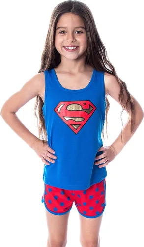 DC Comics - Pijama de Superman para niña, con logotipo clásico, espalda cruzada, camiseta sin mangas y pantalones cortos, conjunto de pijama