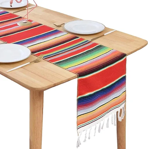 Miniatura 7 de BOXAN Camino de mesa de serape mexicano para decoración de boda, picnic al aire libre, mesa de comedor, manta de algodón con flecos, caminos de mesa
