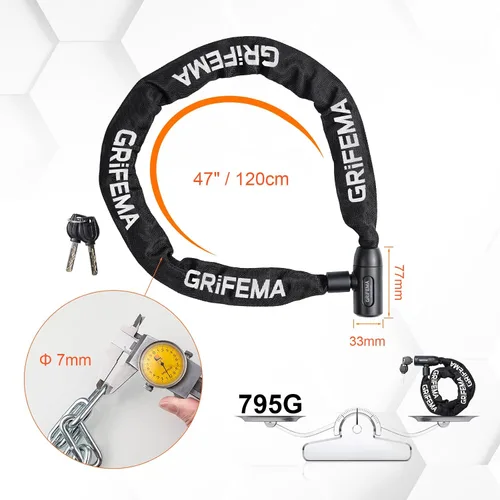 Miniatura 2 de GRIFEMA Candado de cadena para bicicleta con llave, cerradura antirrobo de bicicleta resistente, cadena de seguridad de acero endurecido de 4 pies