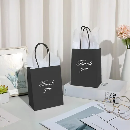 Miniatura 8 de DjinnGlory Paquete de 60 mini bolsas de papel negro para regalos de fiesta con asas a granel de 6.3 x 4.7 x 2.75 pulgadas para regalos de cumpleaños