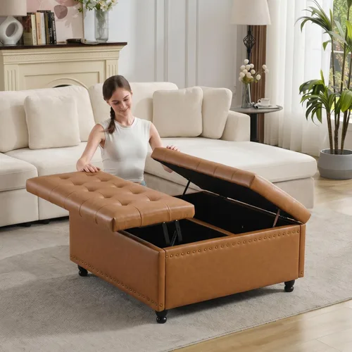Miniatura 19 de Tbfit Banco otomano de almacenamiento cuadrado grande, mesa de centro otomana tapizada con tapa de elevación y patas de madera maciza, caja de Marrón