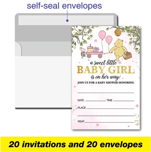 Miniatura 3 de brayqu Winnie the Pooh Girl - Invitaciones para fiesta de baby shower, color rosa (20 tarjetas con sobres)