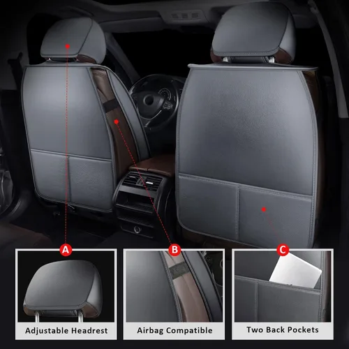 Miniatura 4 de MIROZO Fundas de asiento delantero de automóvil, color gris, 2 fundas de asiento de cuero, impermeables, fundas de asiento de automóvil, fundas