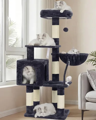 Miniatura 22 de Heybly Poste rascador para gatos, torre de árbol pequeño para gatos con 3 postes de sisal completos, cama de felpa extraíble, cepillo de aseo