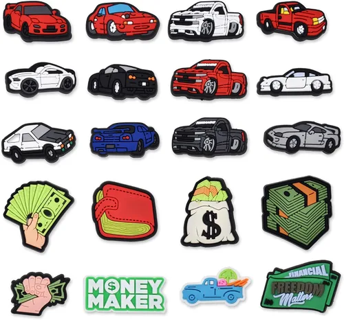 20/50 dijes para zapatos, camiones mixtos, automóviles, dinero, deportes, béisbol, PVC, decoración de zapatos para adolescentes, hombres, regalos de