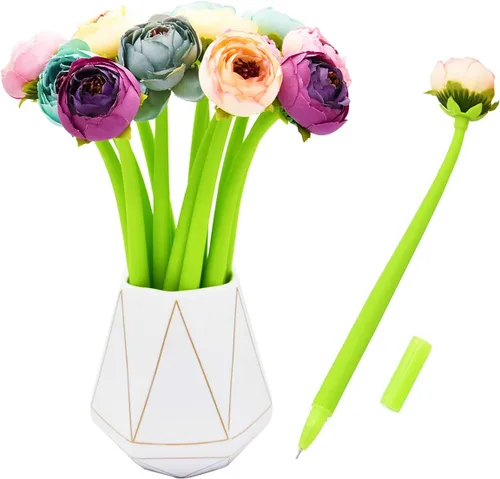 Miniatura 10 de 12 bolígrafos creativos de tinta de gel con flores artificiales, color negro líquido, tinta de gel de 0.020 in, para niñas y mujeres, suministros