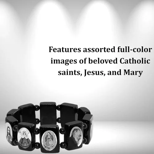Miniatura 4 de Catholica Shop Pulseras elásticas de madera religiosas católicas devocionales. Paneles pequeños y grandes con imágenes surtidas de santos, Jesús