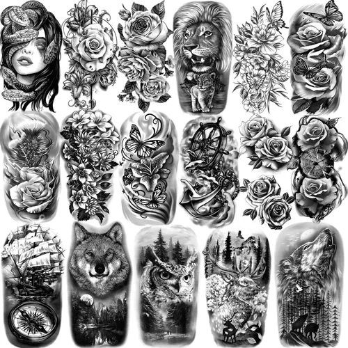 77 hojas de tatuajes temporales, tatuajes falsos realistas de medio brazo de león, lobo, búho, alce, serpiente, mariposa, rosa para niñas y niños,