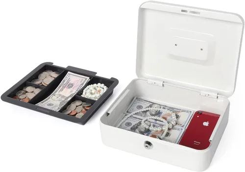 Miniatura 3 de Caja de dinero con bandeja de dinero y cerradura, caja de dinero de metal para efectivo, caja de seguridad 9.84 x 7.87 x 3.54 pulgadas, color blanco