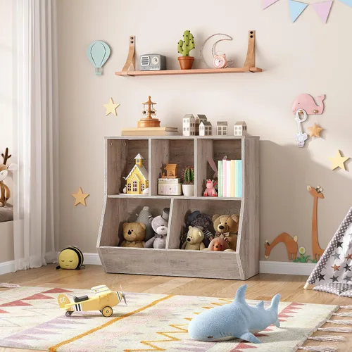 Miniatura 2 de HOOBRO Estantería para niños, estantería con cabecera, cubo de almacenamiento de juguetes, estantería para juguetes de niños, gabinete