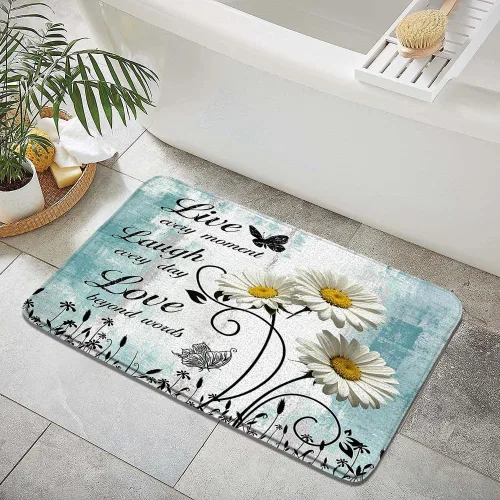 Miniatura 2 de Tapete de baño rústico con diseño floral de margaritas, flores y mariposas, citas inspiradoras de primavera, granja, madera, turquesa, azul, tapete