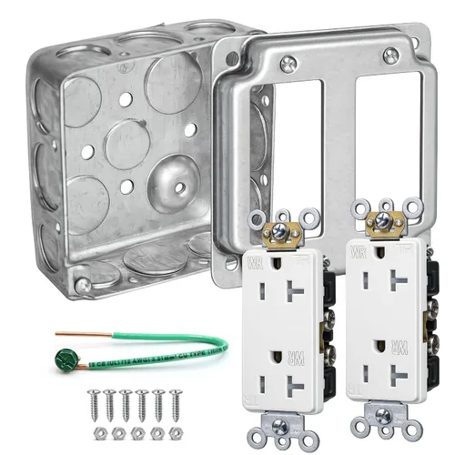 Miniatura 11 de Kit de caja de tomacorrientes, incluye caja eléctrica de metal estirado de 4 x 4 pulgadas, 2 receptáculos dúplex de 20 amperios resistentes a