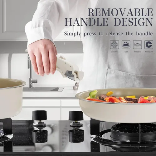 Miniatura 4 de Juego de utensilios de cocina de cerámica – Juegos de utensilios de cocina con mango desmontable ollas y sartenes con asas extraíbles, sartenes
