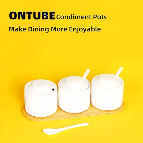 Miniatura 5 de ONTUBE Juego de 3 tarros de porcelana para condimentos con bandeja, cuchara de cerámica y tapa, caja de condimentos, azucarero, 8 onzas