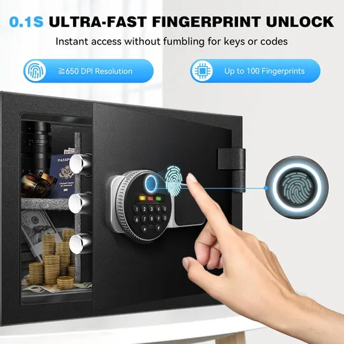 Miniatura 3 de Caja fuerte ignífuga de 2.0 pies cúbicos para el hogar, caja de seguridad con cerradura biométrica de huellas dactilares, teclado digital, estante
