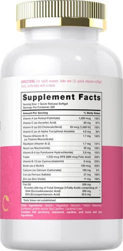 Miniatura 2 de Carlyle Multivitamínico para mujeres con hierro 200 cápsulas blandas Vitaminas esenciales, minerales y omegas Suplemento de apoyo nutricional
