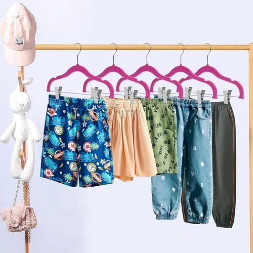Miniatura 6 de Perchas de plástico de calidad para niños, no aterciopeladas, delgadas, compactas, con clips de metal, para faldas, pantalones, blusas, gancho Rosa
