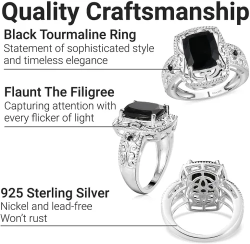 Miniatura 5 de Black Tourmaline Rings - Birthstone Rings for Women - Engagement Promise Ring for Her Statement Vintage Stainless Steel Tourmaline Jewelry Birthday